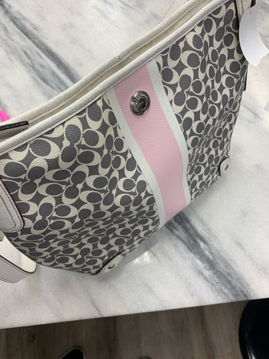 Coach Handbags - Coach Signature Canvas Shoulder Bag in Pink and Gray with White Trim